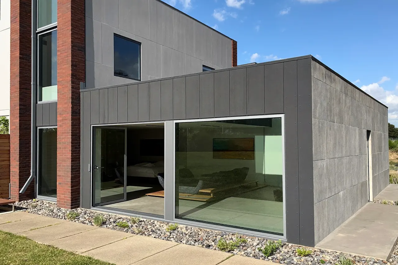 Slim aluminium casement windows on a modern house extension