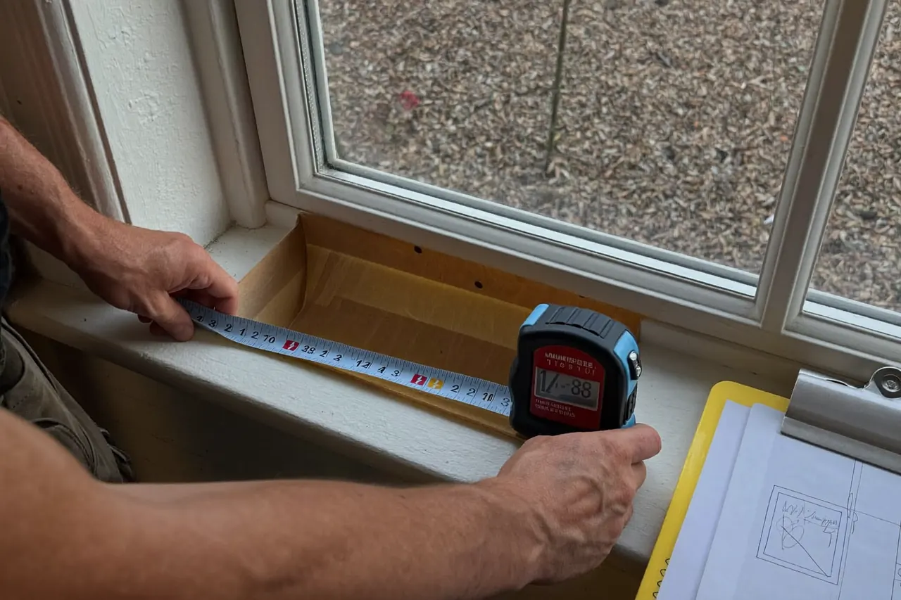 An installer measuring a window aperture during a home survey